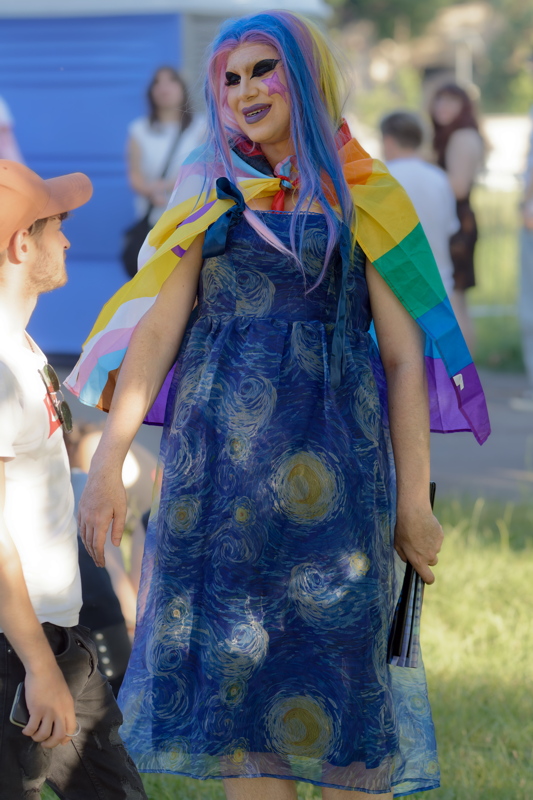 26 - Person wearing a blue midi dress with a repeating Starry Night pattern inspired by Vincent van Gogh's painting